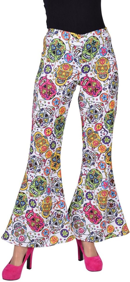 Jaren 80 & 90 Kostuum | Day Of The Dead Hippie Doodshoofden Broek Vrouw | Large | Carnaval kostuum | Verkleedkleding